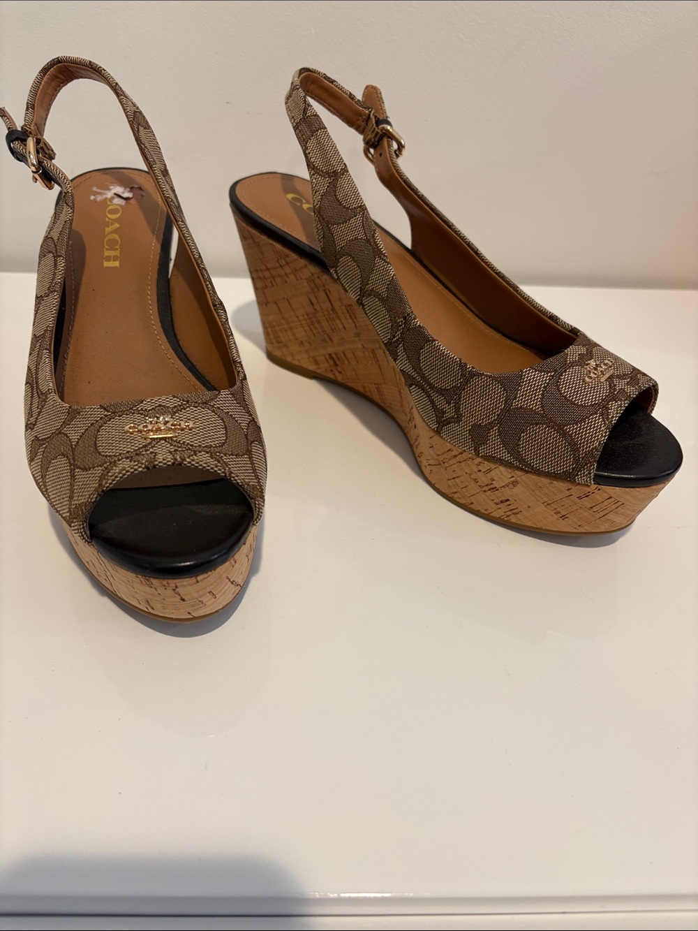 Coach Signature Canvas Cork Platform Wedges in Brown